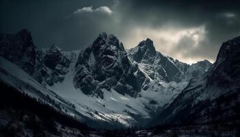 majestuoso montaña rango, panorámico nieve cubierto paisaje, extremo terreno aventuras generado por ai foto