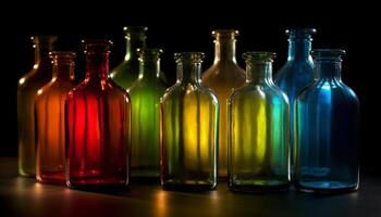 multi de colores vaso botellas lleno con alcohol y medicina en un laboratorio generado por ai foto