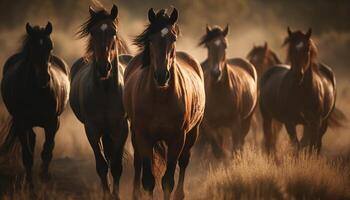 Running stallion grazing in meadow at sunset, beauty in nature generated by AI photo