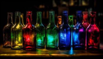 Vibrant colored glass bottles in a row, illuminated backdrop generated by AI photo