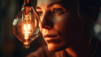 One young woman holding a glowing light bulb, smiling confidently generated by AI photo