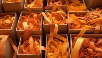 Yellow tagliatelle in a row, homemade Italian culture variation generated by AI photo