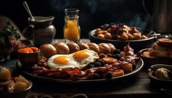 rústico plato de A la parrilla Cerdo y un pan en de madera mesa generado por ai foto