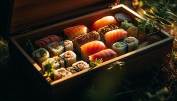 Healthy gourmet meal Fresh seafood sushi box with vegetable variation generated by AI photo