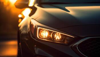 lujo Deportes coche conducción mediante ciudad a oscuridad, iluminado faros generado por ai foto