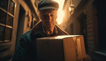 One Caucasian man delivering package outdoors, holding cardboard container generated by AI photo