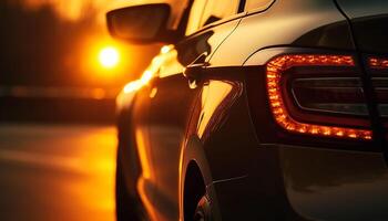 brillante Deportes coche velocidades mediante ciudad, reflejando vibrante crepúsculo colores generado por ai foto
