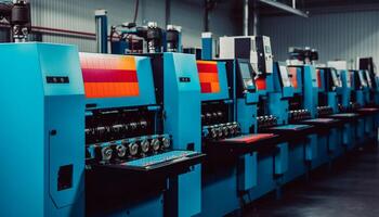 automatizado producción línea en moderno fábrica usos robótico brazos eficientemente generado por ai foto