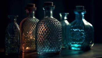 Transparent glass bottle with blue liquid, reflecting table background generated by AI photo