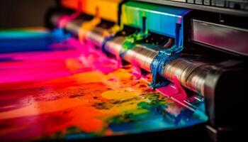 Vibrant colors mix on modern machinery in textile manufacturing workshop generated by AI photo