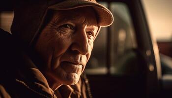 Senior man driving car, looking at camera with serious expression generated by AI photo