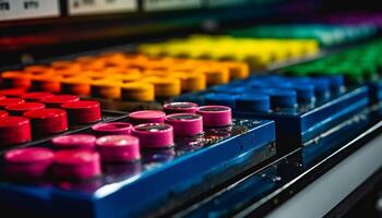 Multi colored plastic containers in a row on production line generated by AI photo