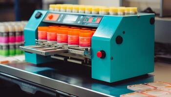 Blue conveyor belt in an indoor workshop with automated machinery generated by AI photo