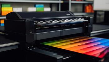 Modern computer printer working in a factory, printing multi colored printouts generated by AI photo