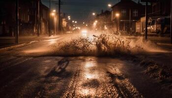 Glowing street lights illuminate the dark, wet cityscape at night generated by AI photo