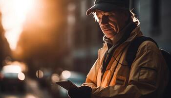 man standing outdoors, holding digital tablet, using wireless technology generated by AI photo