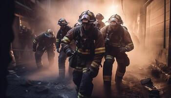 Heroes in protective workwear and helmets rescue burning physical structure generated by AI photo