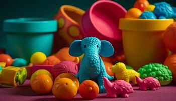 divertido, vistoso animal juguete jugando con multi de colores pelota en antecedentes generado por ai foto