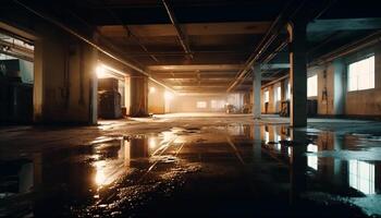 Spooky abandoned warehouse with rusty metal and broken flooring generated by AI photo