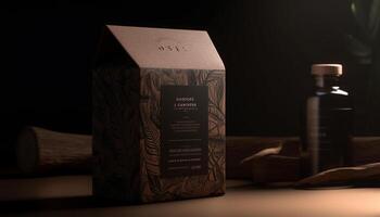 Luxury medicine bottle with elegant packaging design on wooden background generated by AI photo