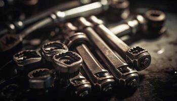 metálico maquinaria en taller oxidado llaves y brillante acero tornillos generado por ai foto