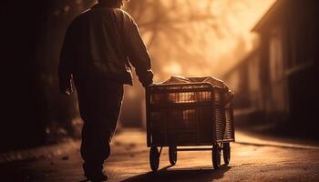 empresario caminando con cesta en naturaleza, retroiluminado por puesta de sol generado por ai foto