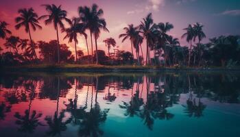 Tranquil summer sunset, palm trees reflect in blue seascape beauty generated by AI photo