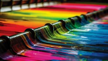 vibrante colores en un arco iris espectro, un grande colección en Tienda generado por ai foto