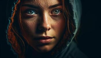 Young woman in hooded shirt looking serious, beauty in mystery generated by AI photo