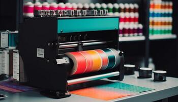 Automated machinery in textile industry sews multi colored threads indoors generated by AI photo