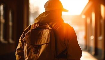 One man standing, looking at city life during sunrise adventure generated by AI photo