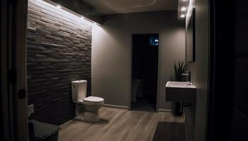 moderno lujo baño con elegante diseño, cómodo asientos y iluminado Encendiendo generado por ai foto