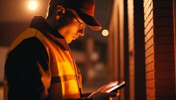 Expert construction worker holding equipment, reading on digital tablet indoors generated by AI photo