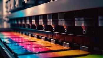 Metal machinery in a row, illuminated by blue nightclub lights generated by AI photo