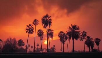 Vibrant sunset over tranquil Caribbean coastline, palm trees silhouetted generated by AI photo