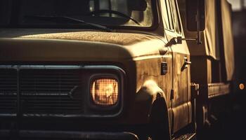 Vintage car and fire engine illuminate city street at night generated by AI photo