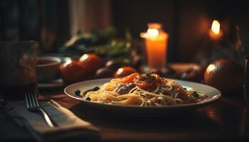 Fresco hecho en casa pasta con tomate salsa y parmesano queso adornar generado por ai foto