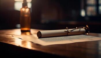 Old Bible on Wooden Desk Illuminated by Candle Flame Indoors generated by AI photo