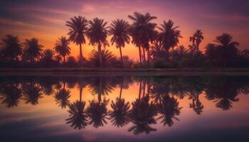 Silhouette of palm tree against multi colored sunset reflection on water generated by AI photo