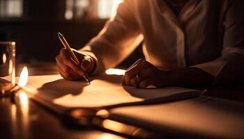 One person working indoors, holding pen, concentrating on document generated by AI photo