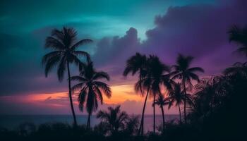 Silhouette of palm tree against orange sky, tropical paradise vacation generated by AI photo