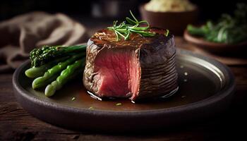 Freshly grilled steak with asparagus on plate generated by AI photo