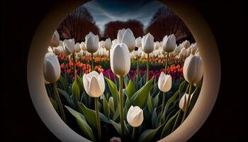 Fresh multi colored tulips blossom in nature meadow generated by AI photo