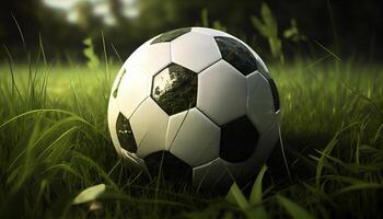 fútbol pelota en verde césped al aire libre éxito competencia generado por ai foto