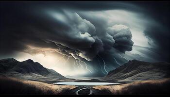 Nature ominous horizon dark clouds over mountain range generated by AI photo