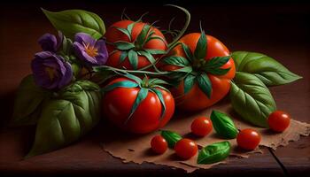 Fresh tomato and leaf on rustic wood table generated by AI photo