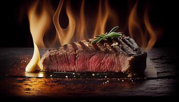 Flame grilled beef steak sizzling on wood barbecue generated by AI photo