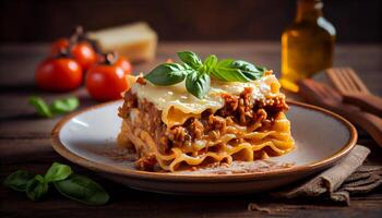 Fresh pasta dish with meats vegetables and cheese generated by AI photo