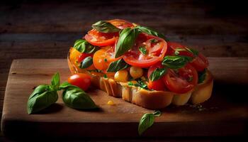 Freshness and gourmet in a tomato mozzarella appetizer generated by AI photo