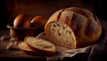 Freshly baked bread on rustic wooden table background generated by AI photo